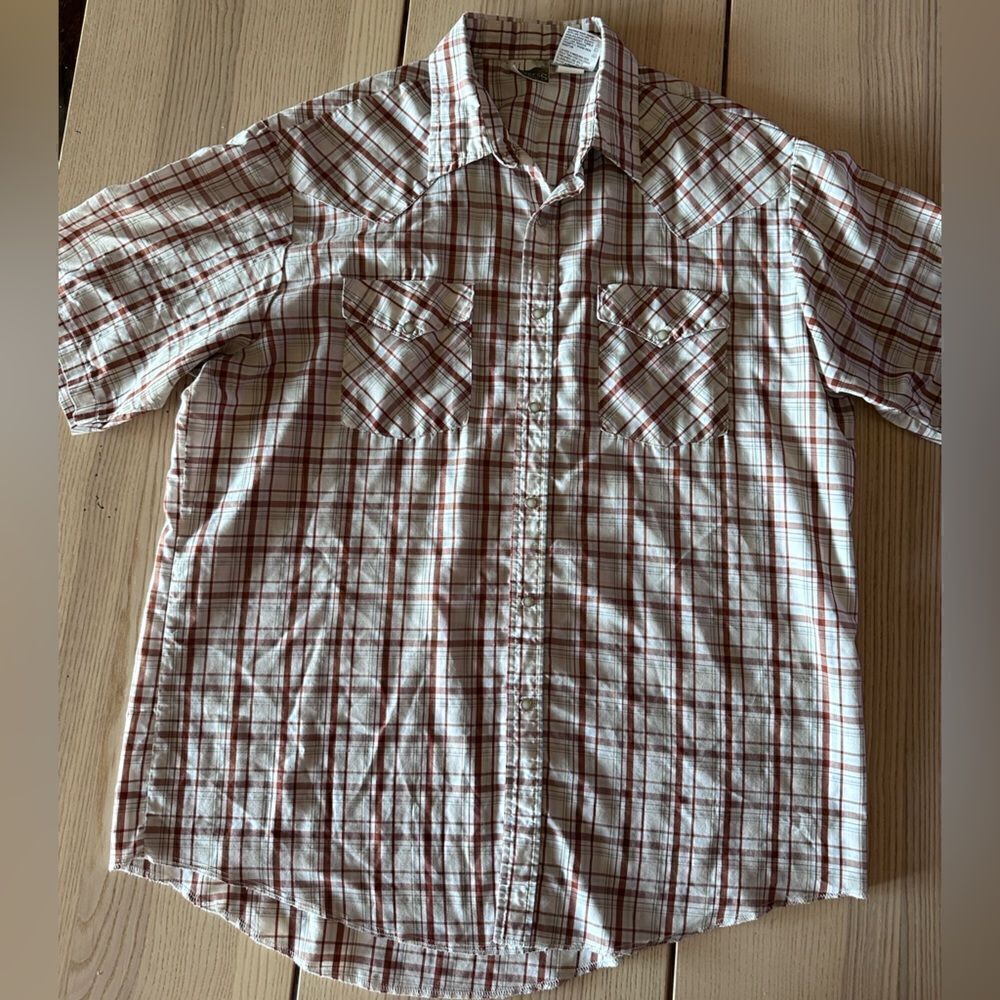 Express Rider Western plaid pearl snap shirt sleeve shirt in copper and cream-L
